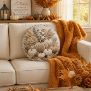 Coussins Ronds Broderie de citrouille de luxe neutre d'automne
