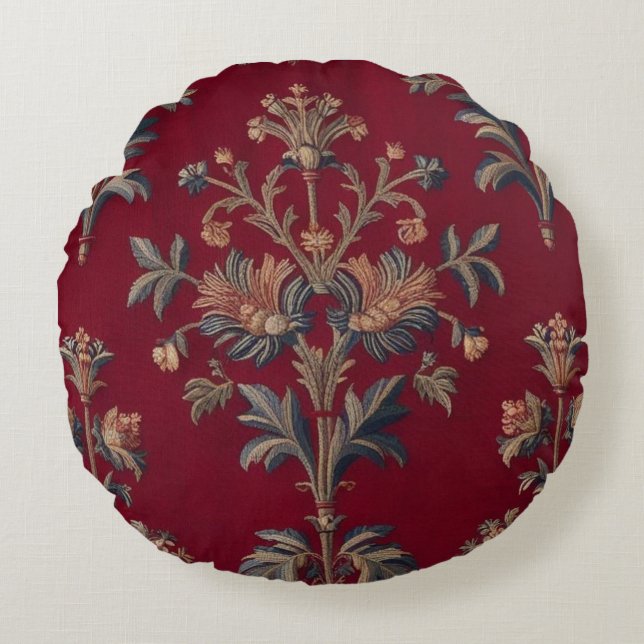 Coussins Ronds  broderie medievale fleurie en rouge bordeaux (Devant)