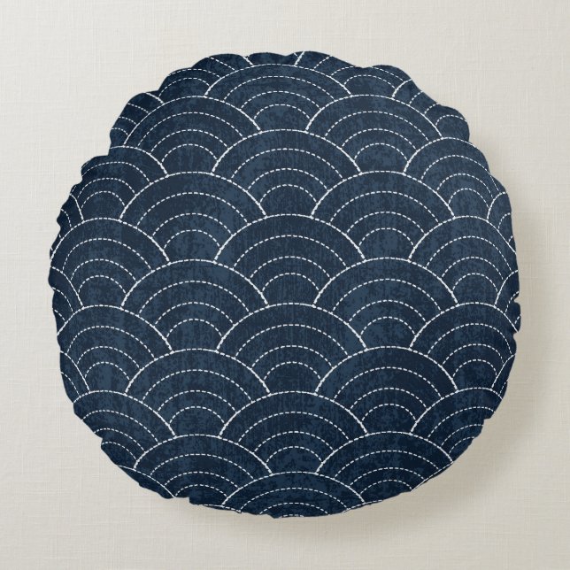 Coussins Ronds Broderie Sashiko : Indigo Motif japonais. (Devant)