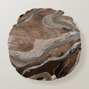 Coussins Ronds Brown Marbre Agate Parties scintillant argent Glam