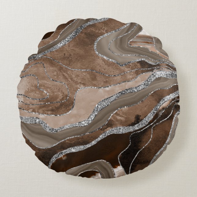 Coussins Ronds Brown Marbre Agate Parties scintillant argent Glam (Devant)