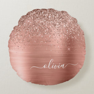Coussins Ronds Brushed metal rose Gold Pink Glitter Monogram
