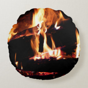 Coussins Ronds Bûches dans la cheminée Photographie de feu chaud