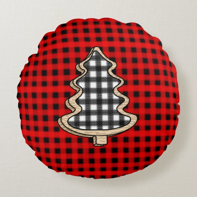 Coussins Ronds Buffalo Plaid, Red En vichy sapins de Noël (Devant)