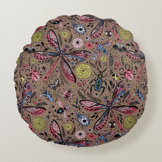 Coussins Ronds Bugs de Doodle sur mocha brown (Devant)