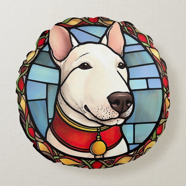 Coussins Ronds Bull Terrier Vitrail de Noël (Devant)