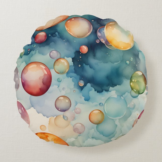 Coussins Ronds Bulles Colorées Art Aquarelle  (Devant)