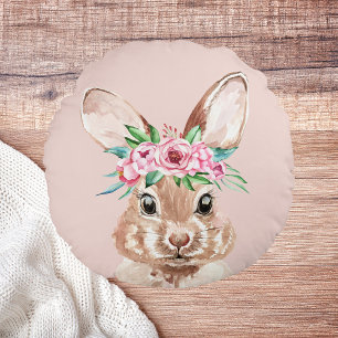 Coussins Ronds Bunny D'Aquarelle Rose Pastel Moderne Avec Fleurs