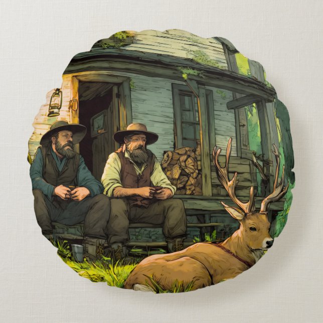 Coussins Ronds Cabane de forêt rustique Chasseurs et cerf de Virg (Devant)