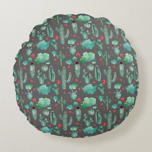Coussins Ronds cactus and ladybutern pattern - black background (Devant)