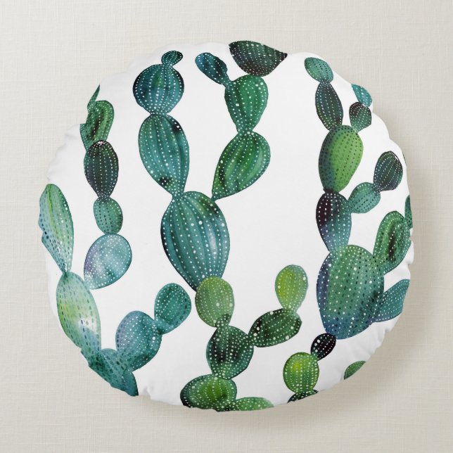 Coussins Ronds Cactus Craze : Tendance de l'aquarelle tropicale (Devant)