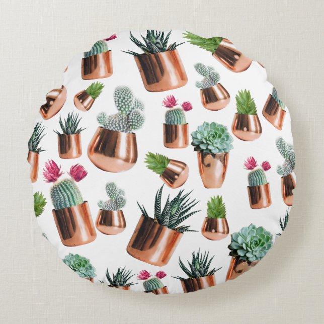 Coussins Ronds Cactus et succulents dans des pots d'or Roses (Devant)