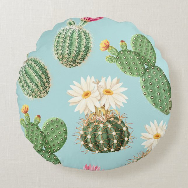 Coussins Ronds Cactus, fleurs roses : décor clair (Devant)