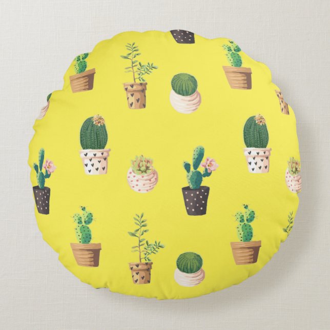 Coussins Ronds Cactus Succulents à Dessrt Vert dans les pots (Devant)