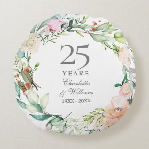 Coussins Ronds Cadeau 25e anniversaire de mariage Roses argentées