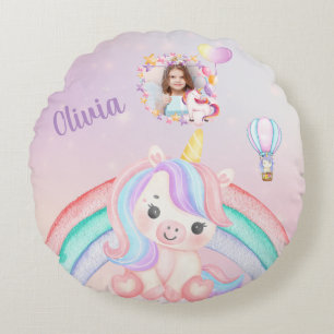 Coussins Ronds Cadeau Anniversaire Unicorn Pour Filles - Nom Et P