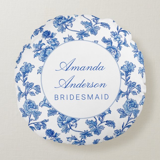 Coussins Ronds Cadeau Bridesmaid de la Chinoiserie Bleue et Blanc (Devant)