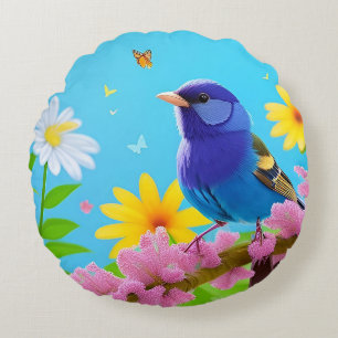 Coussins Ronds Cadeau d'art floral Oiseau Bleu pour les amoureux