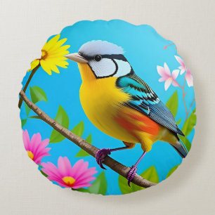 Coussins Ronds Cadeau de Branche Florale d'Oiseau Tit Vibrant Pou