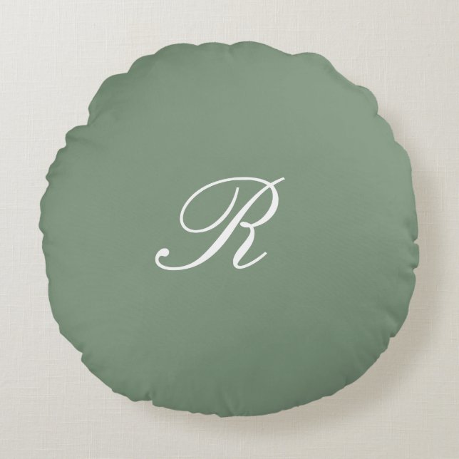 Coussins Ronds Cadeau de mariage initial en monogramme vert sauge (Devant)