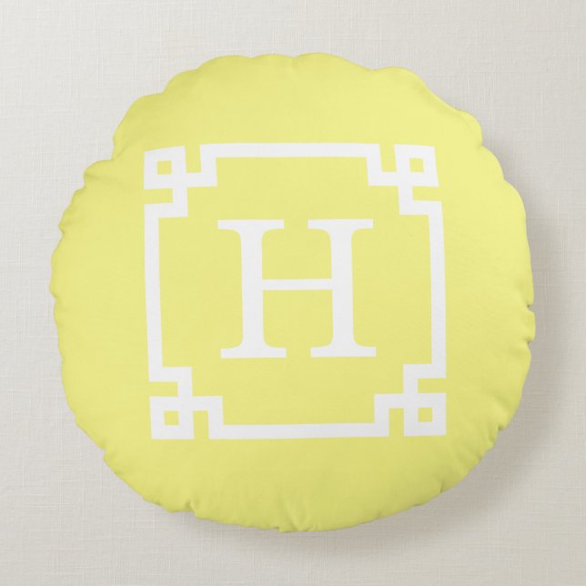 Coussins Ronds Cadre clé grec jaune clair #2 Monogramme initial (Devant)