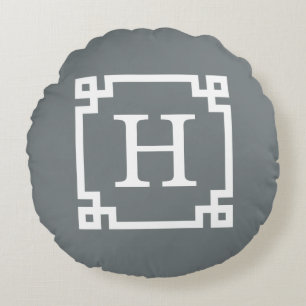 Coussins Ronds Cadre Clé Grecque Blanc Charbon #2 Monogramme Init