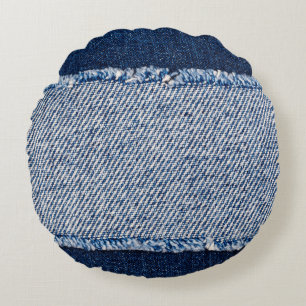 Coussins Ronds Cadre de jean bleu denim fringé.