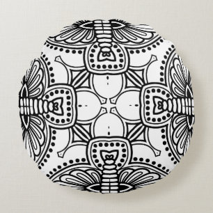 Coussins Ronds Cadre de motif mandala noir et blanc 
