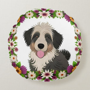Coussins Ronds Cadre floral coloré avec illustration de chien mig