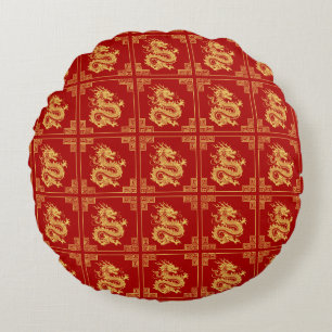 Coussins Ronds Cadres d'ornement grec Motif de dragon d'or rouge