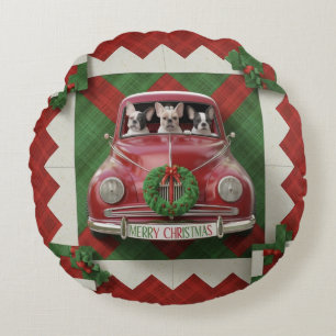 Coussins Ronds Caillot de Noël Art : Voiture Rouge Vintage avec F