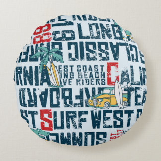 Coussins Ronds California Surfing Team : Grunge Seamless Motif.