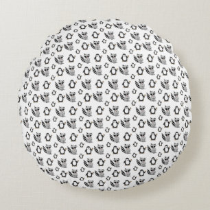 Coussins Ronds Camarades de manchot mignon et de raton laveur