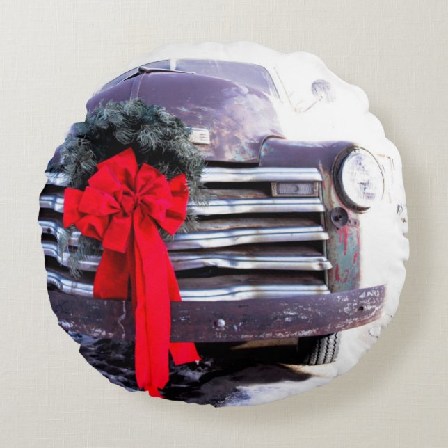 Coussins Ronds Camion antique avec couronne de Noël festive (Devant)