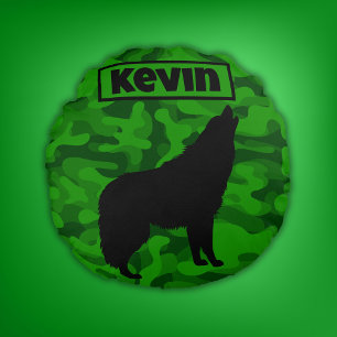 Coussins Ronds Camo vert moderne noir Wolf Silhouette Monogramme