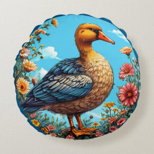 Coussins Ronds Canard Coloré Debout Parmi Des Fleurs Vibrantes
