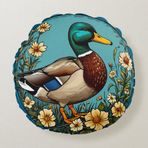 Coussins Ronds Canard colvert entouré de fleurs vibrantes dans un