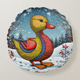 Coussins Ronds Canard vibrant dans un bois enneigé