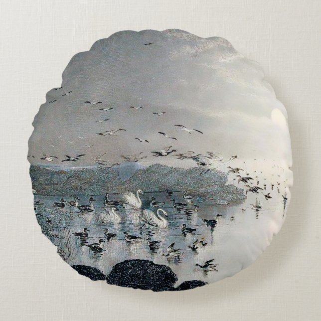 Coussins Ronds Canards, colverts et cygnes sur le lac au coucher  (Devant)