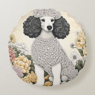 Coussins Ronds Caniche dans des fleurs fantaisistes 