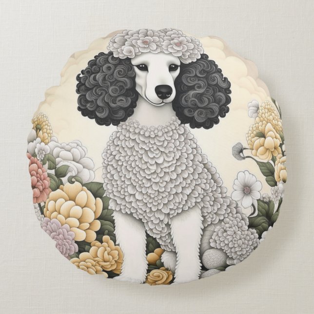 Coussins Ronds Caniche dans des fleurs fantaisistes  (Devant)