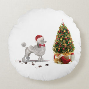 Coussins Ronds Caniche Gris Drôle de Noël Chien avec Arbre