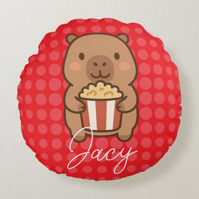Coussins Ronds Capybara mignon mangeant du pop-corn pour enfants (Devant)