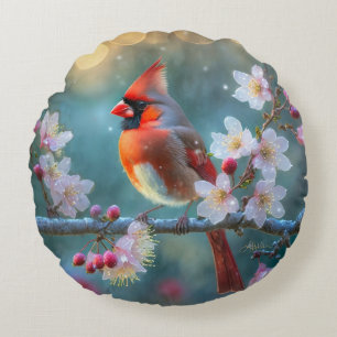 Coussins Ronds Cardinal masculin en fleurs de cerisiers au clair 