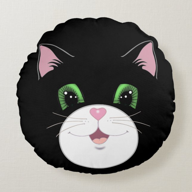 Coussins Ronds Caricature moderne drôle mignon chat tuxedo visage (Devant)