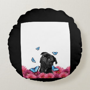 Coussins Ronds Carlin Noir Avec Papillons Bleus Et Gerberas