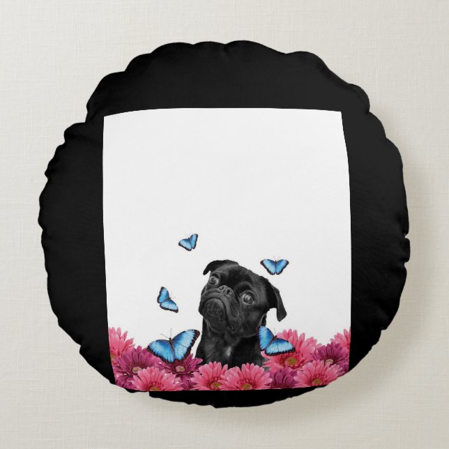 Coussins Ronds Carlin Noir Avec Papillons Bleus Et Gerberas (Devant)