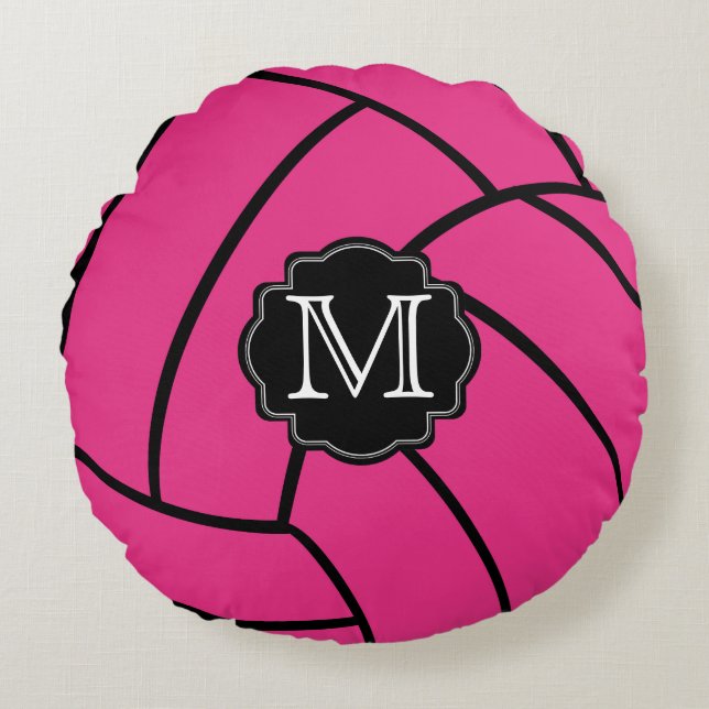 Coussins Ronds Carreau rond de volleyball rose de monogramme (Devant)