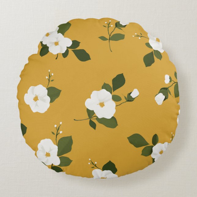 Coussins Ronds Carreau rond floral ocre avec les fleurs blanches (Devant)