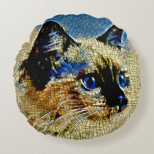 Coussins Ronds Carreaux de mosaïque de chats siamois bleu
